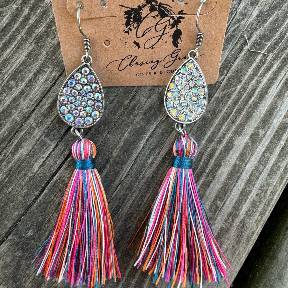 Multi Colored Fringe Earrings with Rhinestones